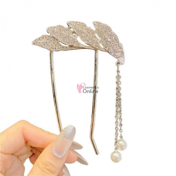 Accesoriu de par modern Japonez pentru cocuri din metal JPN10AA Argintiu cu cristale si perle